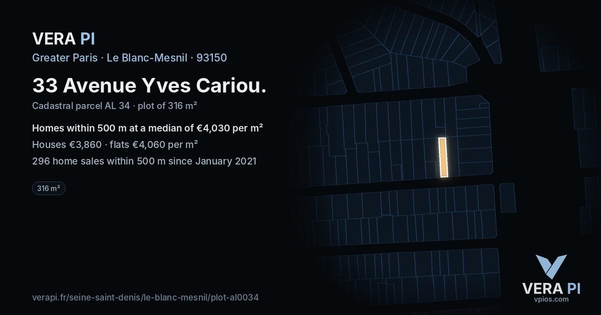 33 Avenue Yves Cariou, Le Blanc-Mesnil at night – the plot lit, the parcels around coloured by the prices near them