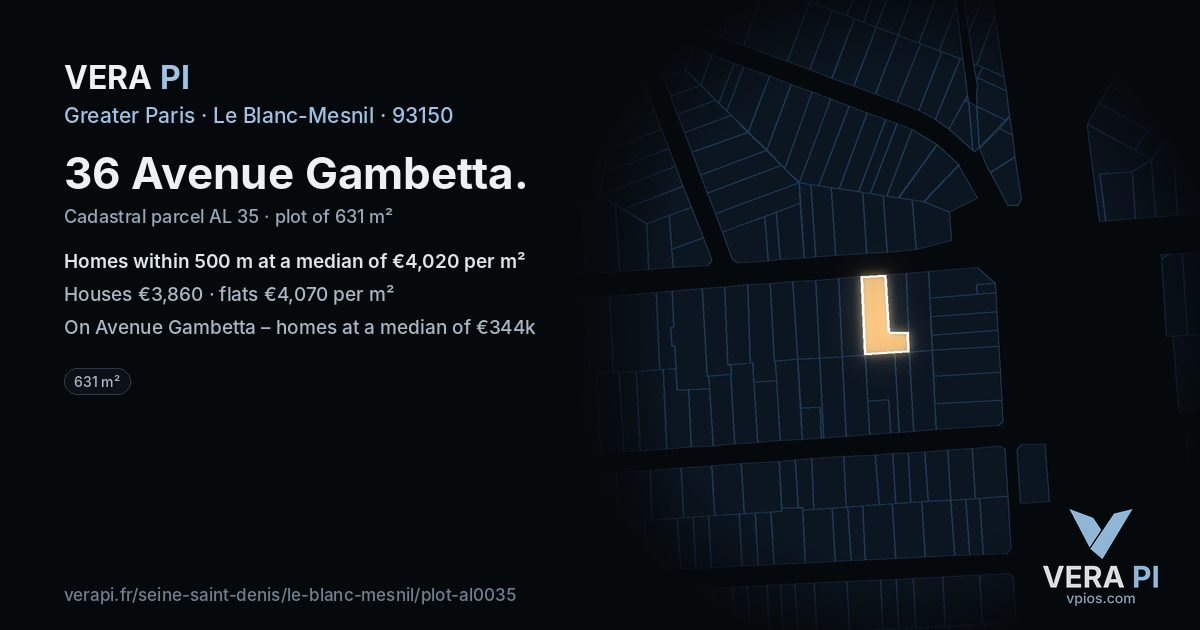 36 Avenue Gambetta, Le Blanc-Mesnil at night – the plot lit, the parcels around coloured by the prices near them