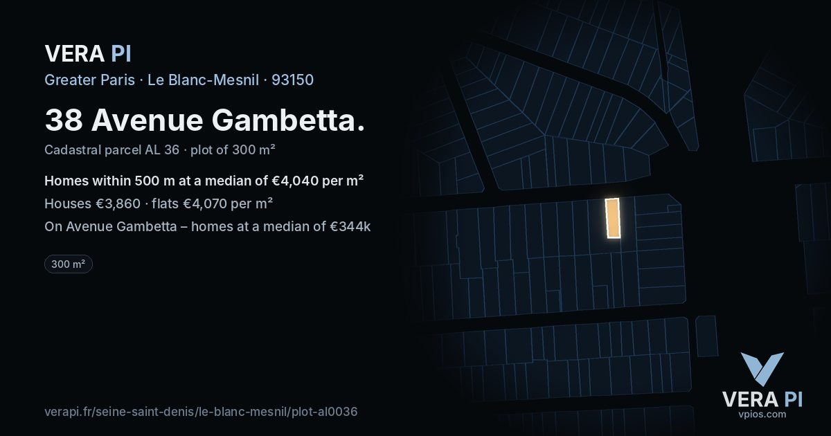 38 Avenue Gambetta, Le Blanc-Mesnil at night – the plot lit, the parcels around coloured by the prices near them