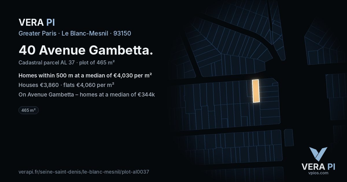 40 Avenue Gambetta, Le Blanc-Mesnil at night – the plot lit, the parcels around coloured by the prices near them