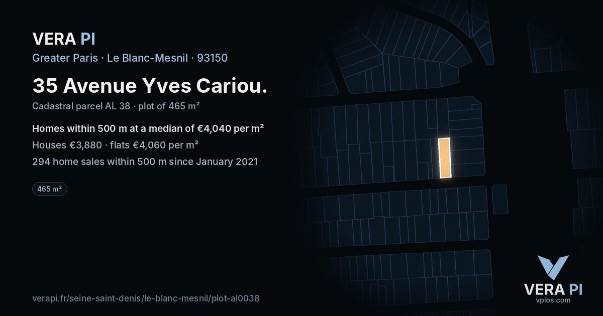 35 Avenue Yves Cariou, Le Blanc-Mesnil at night – the plot lit, the parcels around coloured by the prices near them