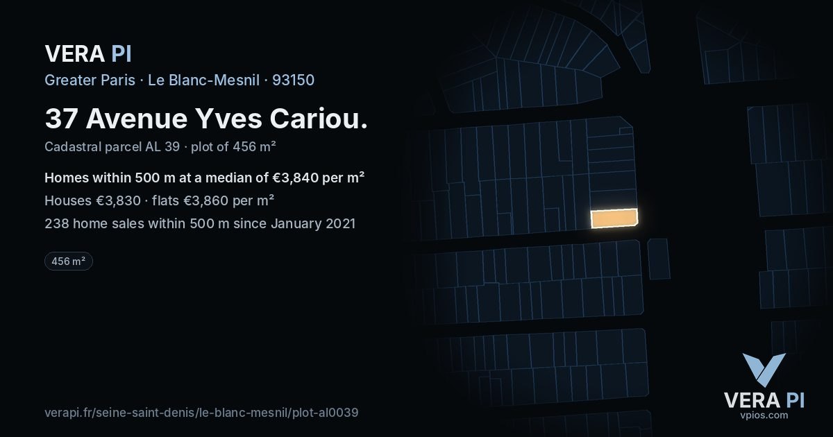 37 Avenue Yves Cariou, Le Blanc-Mesnil at night – the plot lit, the parcels around coloured by the prices near them