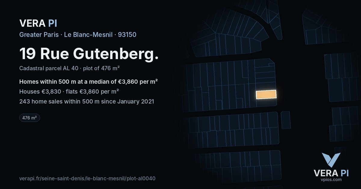 19 Rue Gutenberg, Le Blanc-Mesnil at night – the plot lit, the parcels around coloured by the prices near them