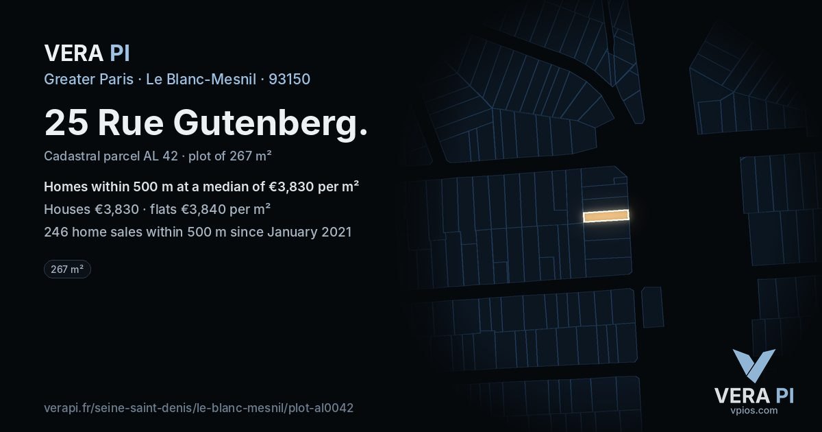 25 Rue Gutenberg, Le Blanc-Mesnil at night – the plot lit, the parcels around coloured by the prices near them