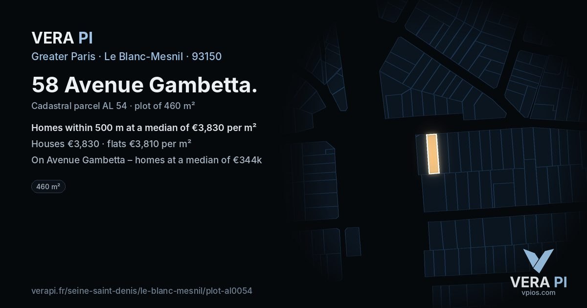 58 Avenue Gambetta, Le Blanc-Mesnil at night – the plot lit, the parcels around coloured by the prices near them