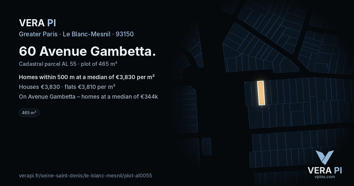 60 Avenue Gambetta, Le Blanc-Mesnil at night – the plot lit, the parcels around coloured by the prices near them