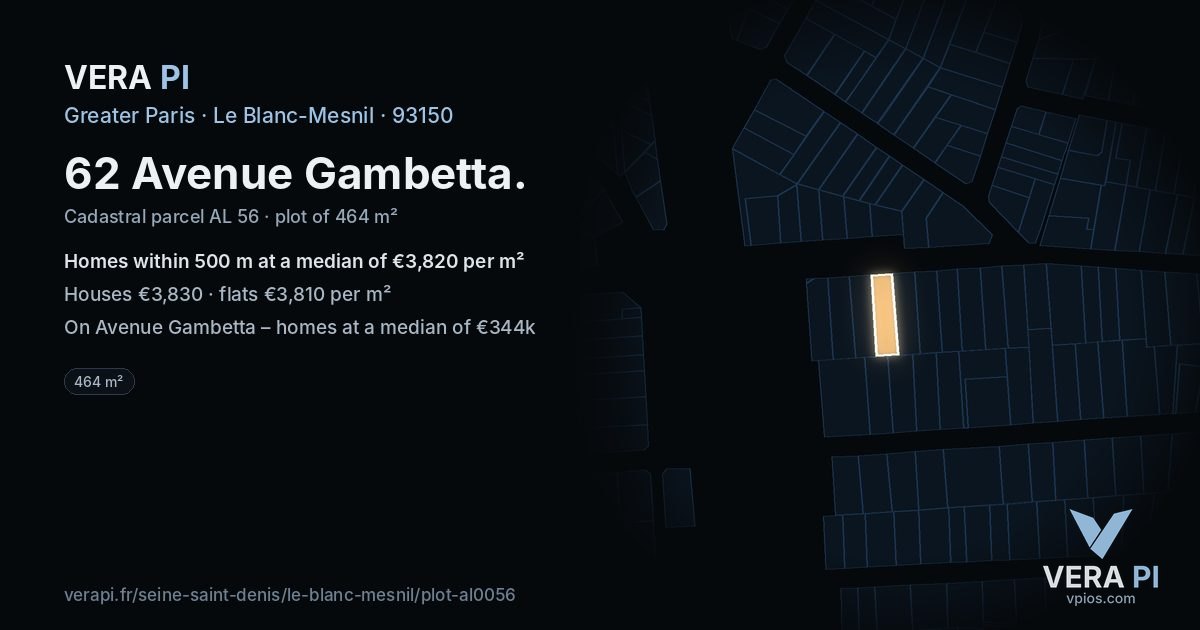 62 Avenue Gambetta, Le Blanc-Mesnil at night – the plot lit, the parcels around coloured by the prices near them