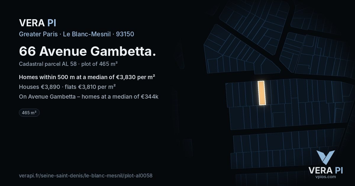 66 Avenue Gambetta, Le Blanc-Mesnil at night – the plot lit, the parcels around coloured by the prices near them