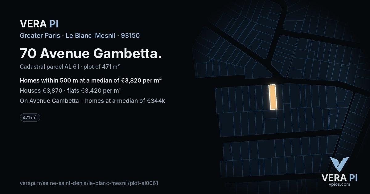 70 Avenue Gambetta, Le Blanc-Mesnil at night – the plot lit, the parcels around coloured by the prices near them