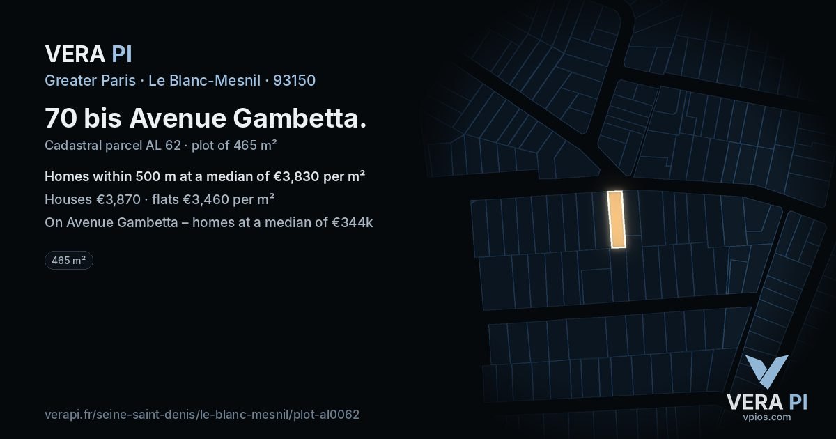 70 bis Avenue Gambetta, Le Blanc-Mesnil at night – the plot lit, the parcels around coloured by the prices near them