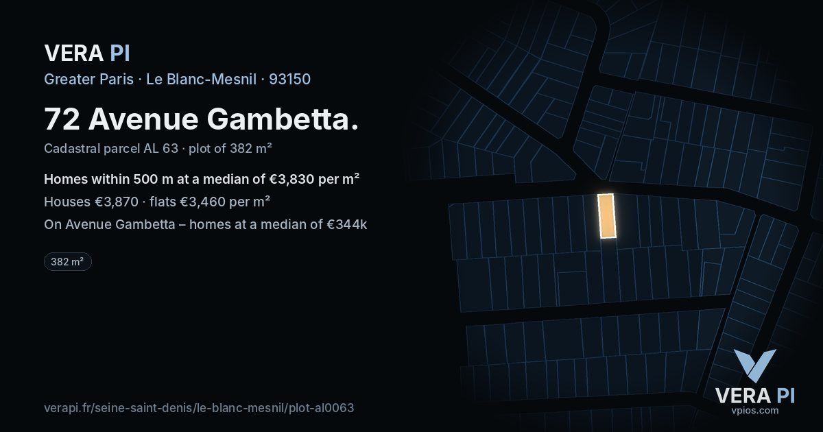 72 Avenue Gambetta, Le Blanc-Mesnil at night – the plot lit, the parcels around coloured by the prices near them