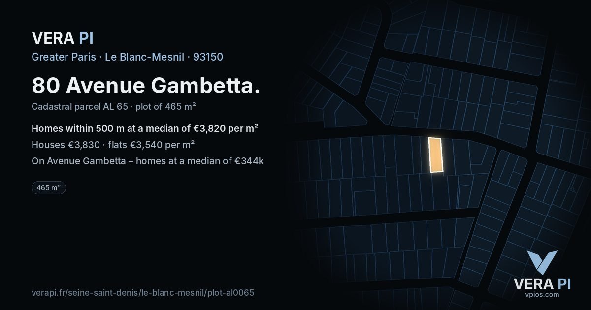 80 Avenue Gambetta, Le Blanc-Mesnil at night – the plot lit, the parcels around coloured by the prices near them