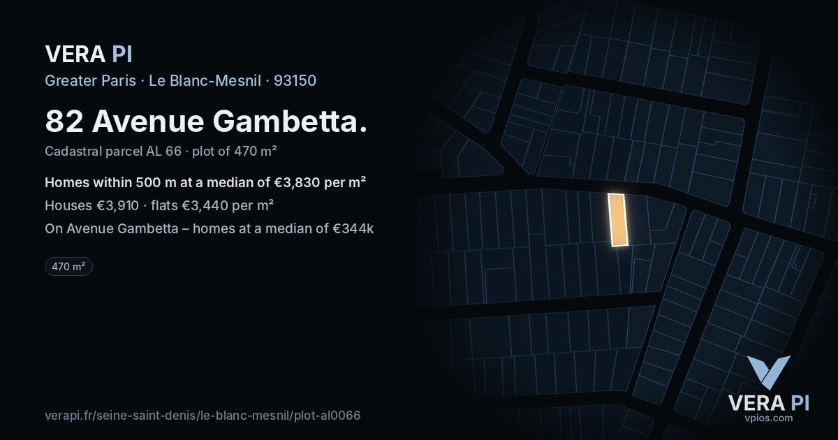 82 Avenue Gambetta, Le Blanc-Mesnil at night – the plot lit, the parcels around coloured by the prices near them