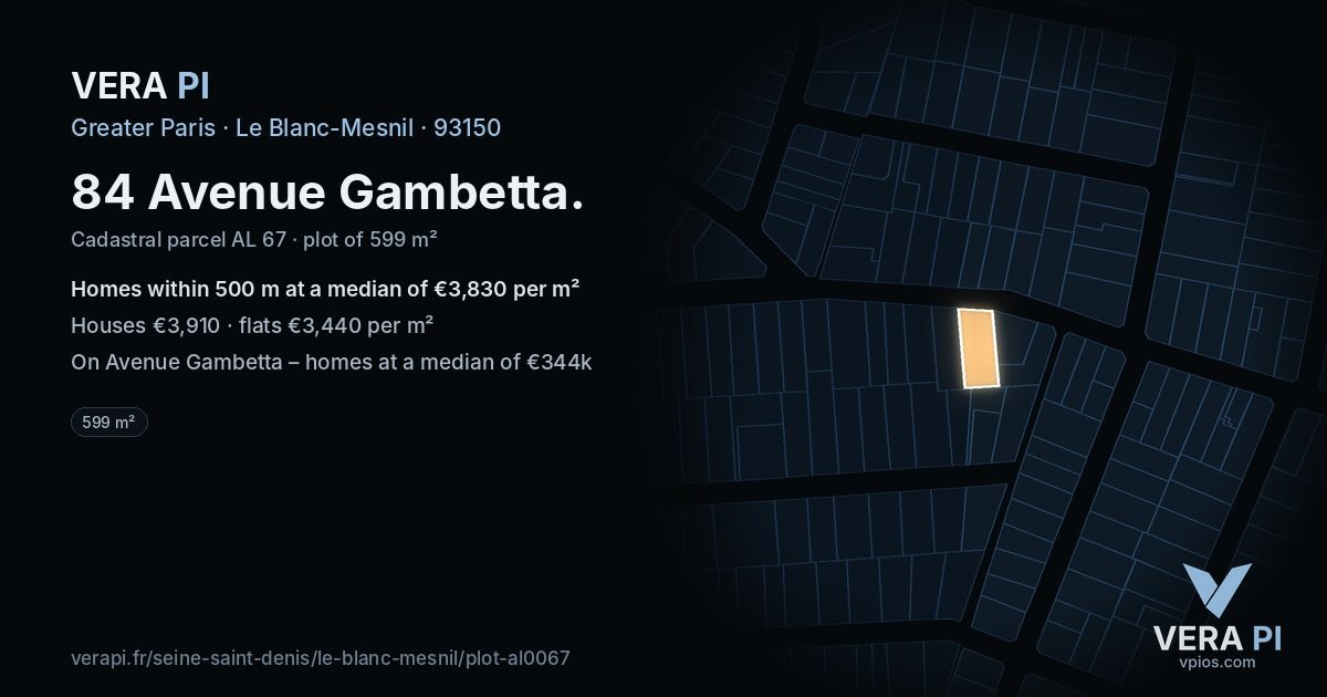 84 Avenue Gambetta, Le Blanc-Mesnil at night – the plot lit, the parcels around coloured by the prices near them