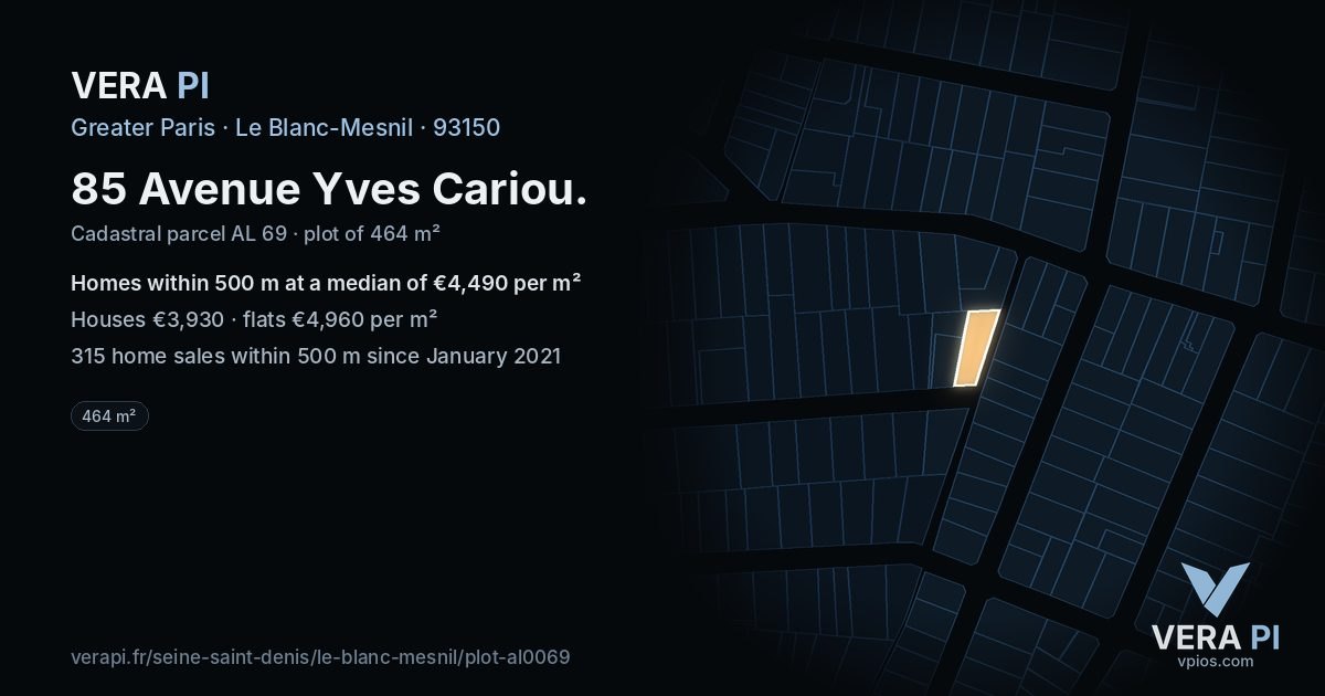 85 Avenue Yves Cariou, Le Blanc-Mesnil at night – the plot lit, the parcels around coloured by the prices near them