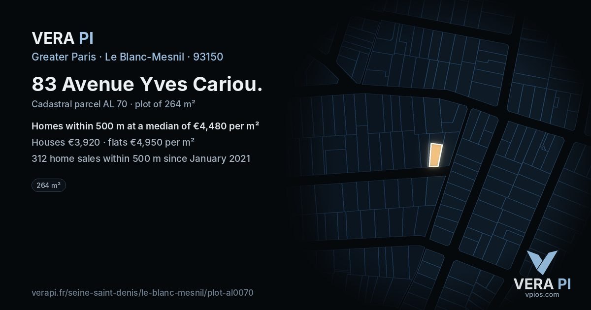 83 Avenue Yves Cariou, Le Blanc-Mesnil at night – the plot lit, the parcels around coloured by the prices near them