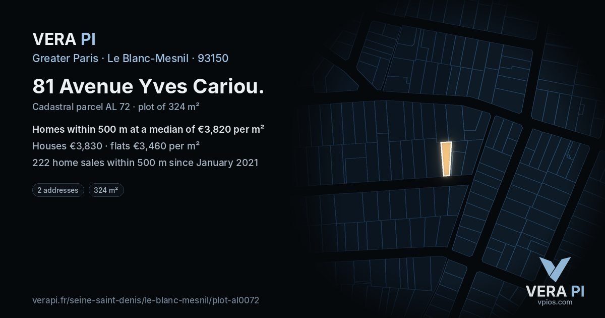 81 Avenue Yves Cariou, Le Blanc-Mesnil at night – the plot lit, the parcels around coloured by the prices near them