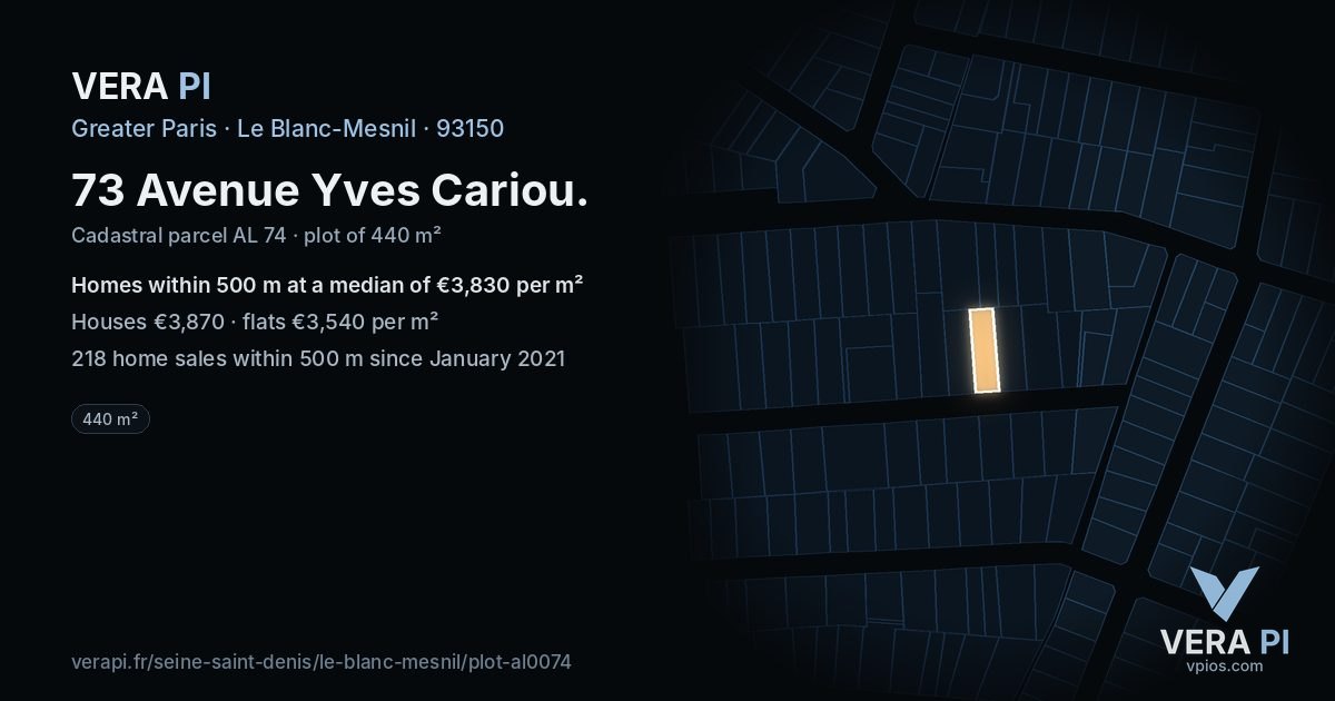 73 Avenue Yves Cariou, Le Blanc-Mesnil at night – the plot lit, the parcels around coloured by the prices near them
