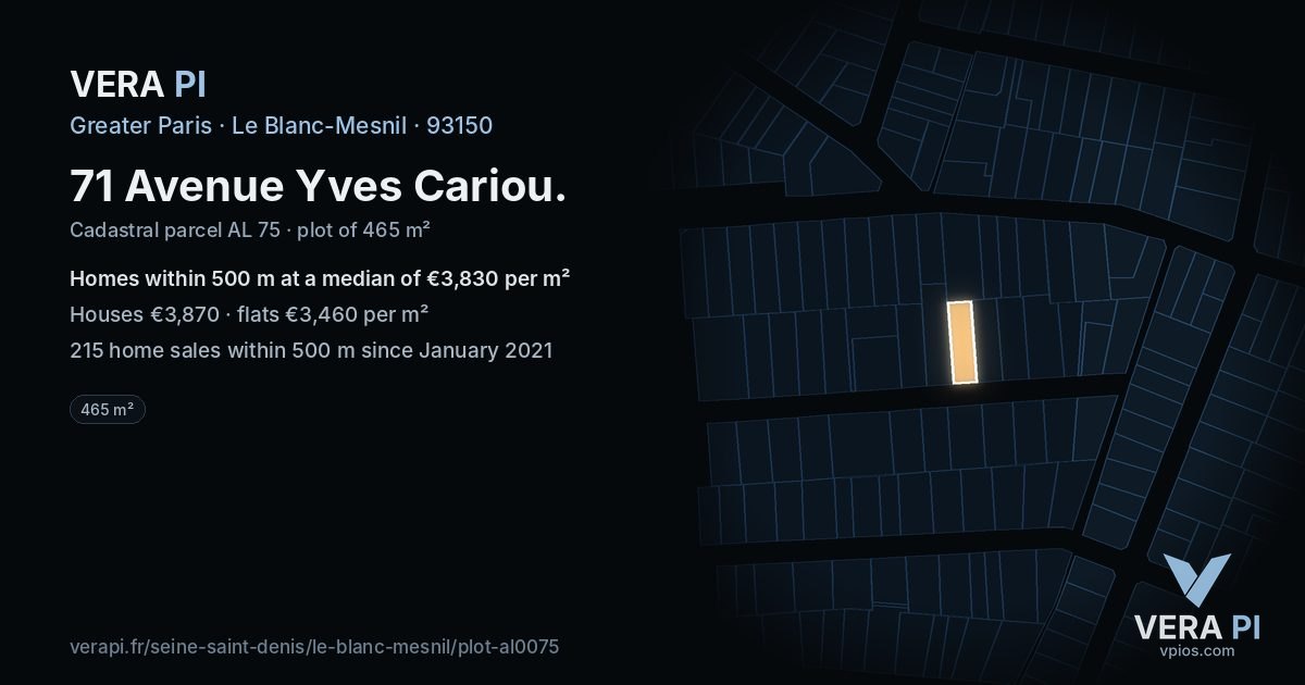 71 Avenue Yves Cariou, Le Blanc-Mesnil at night – the plot lit, the parcels around coloured by the prices near them