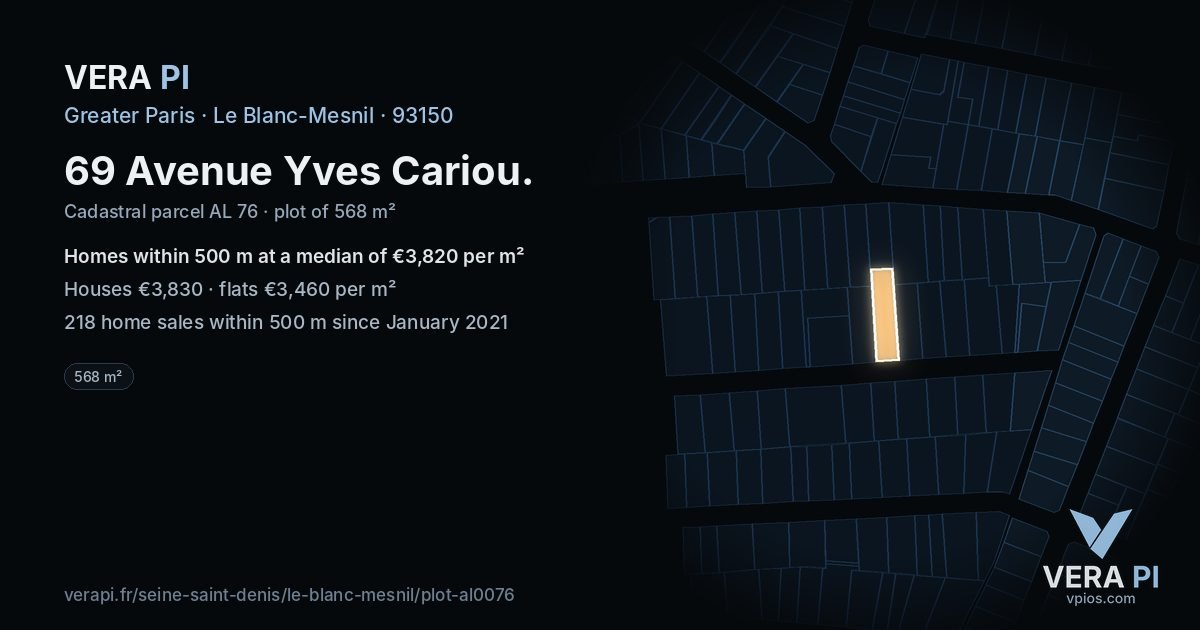 69 Avenue Yves Cariou, Le Blanc-Mesnil at night – the plot lit, the parcels around coloured by the prices near them