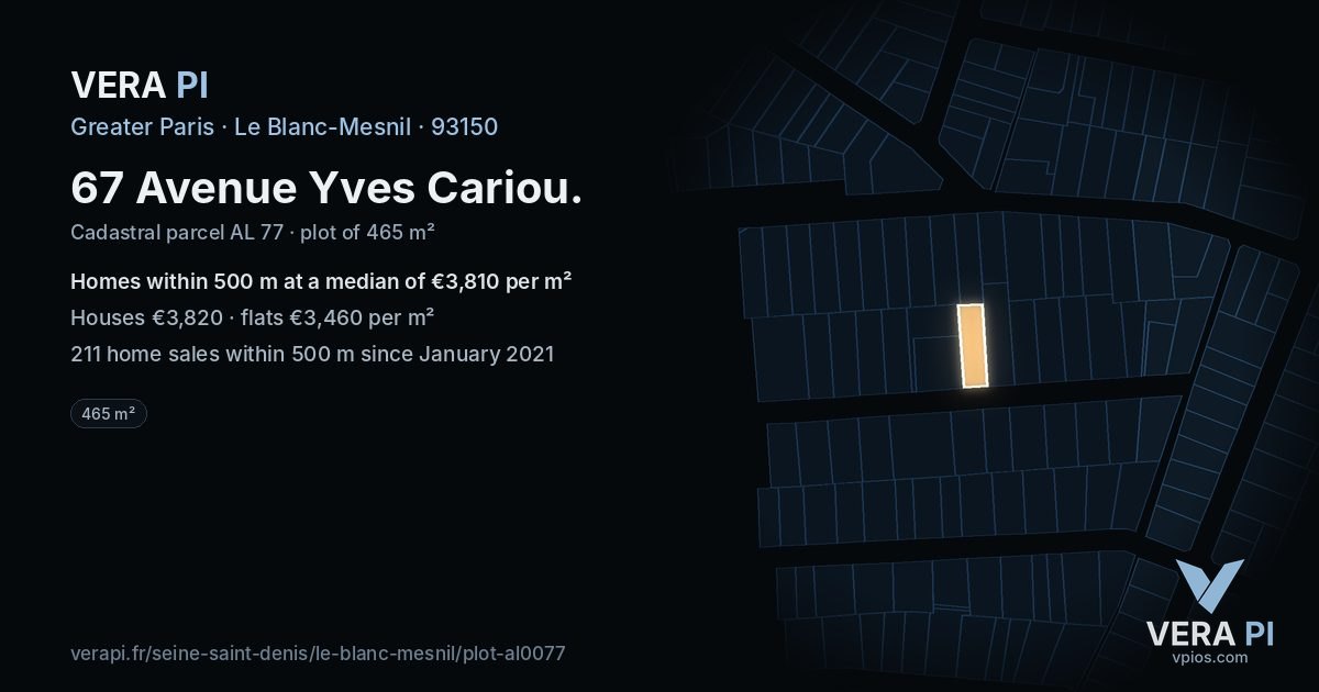 67 Avenue Yves Cariou, Le Blanc-Mesnil at night – the plot lit, the parcels around coloured by the prices near them