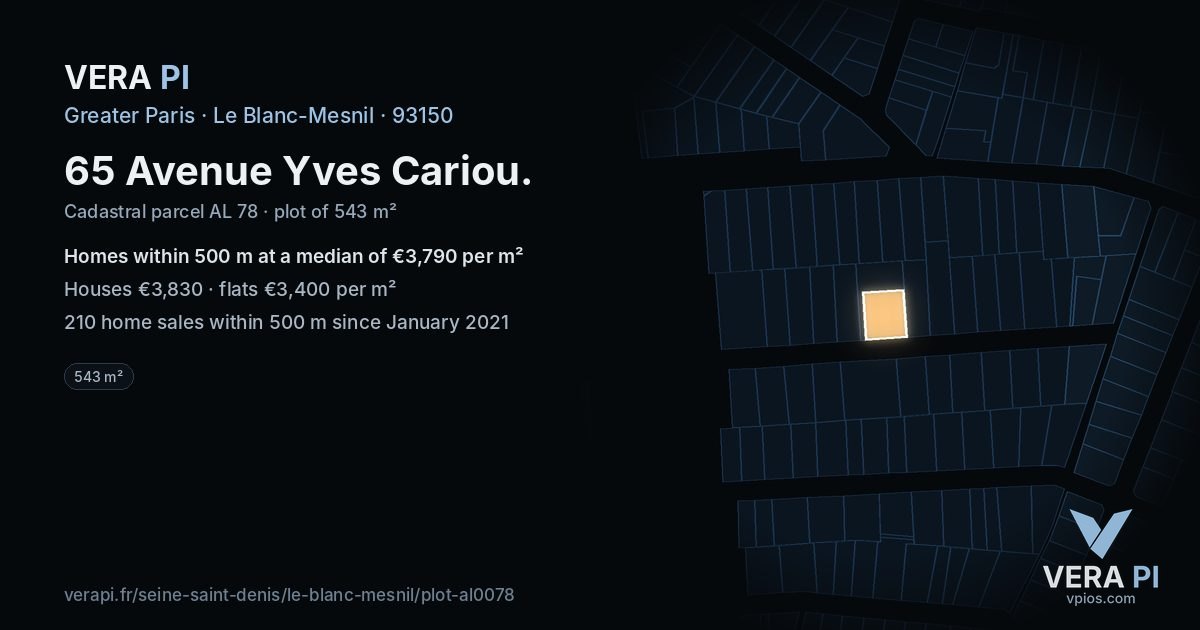 65 Avenue Yves Cariou, Le Blanc-Mesnil at night – the plot lit, the parcels around coloured by the prices near them