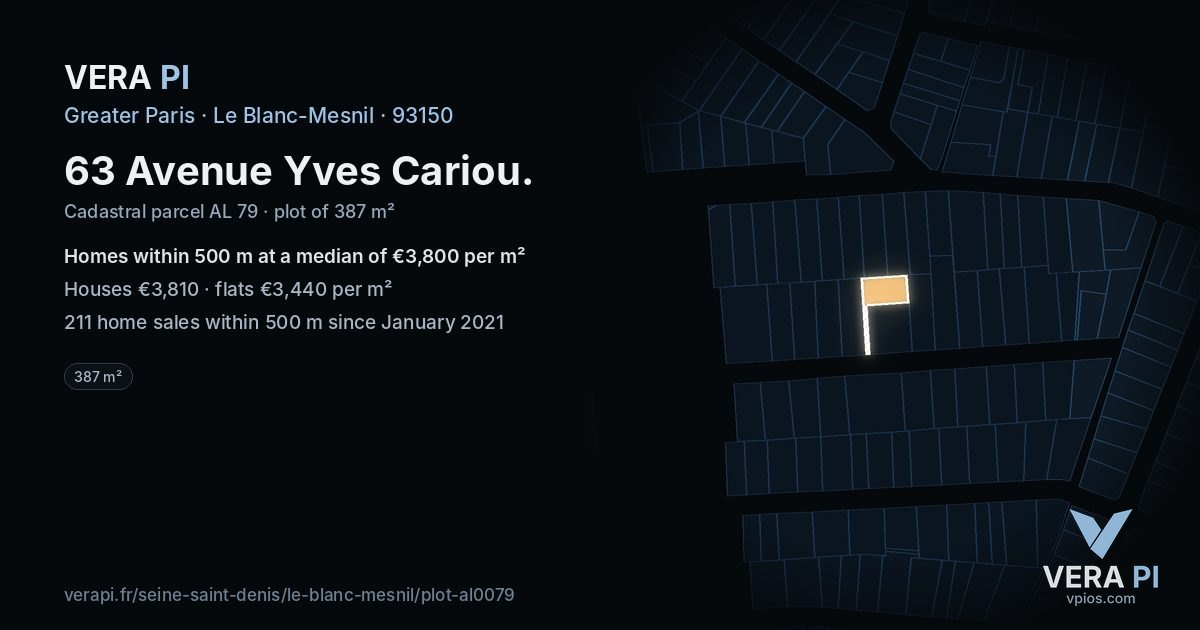 63 Avenue Yves Cariou, Le Blanc-Mesnil at night – the plot lit, the parcels around coloured by the prices near them