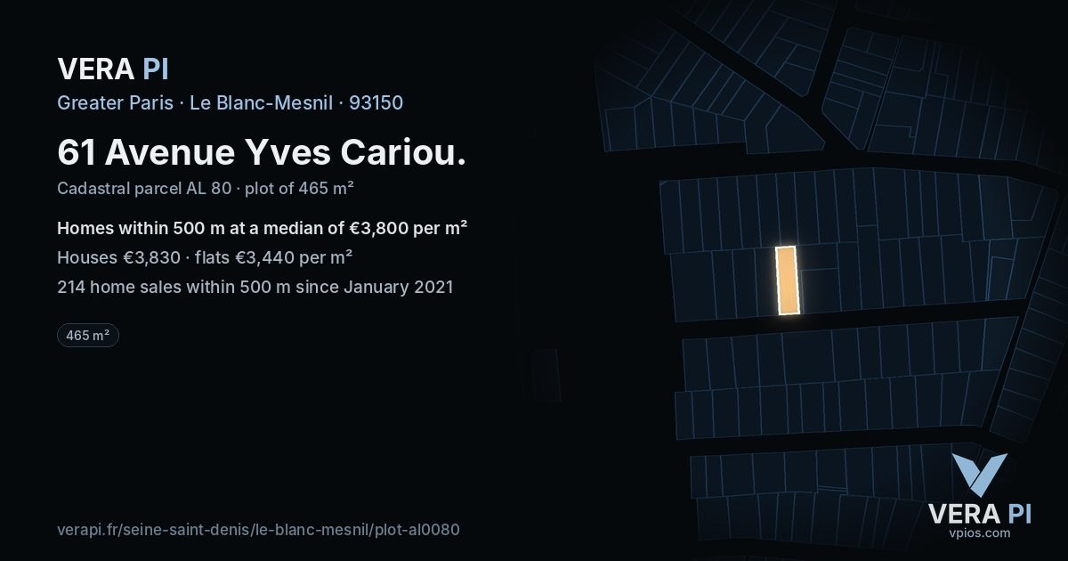 61 Avenue Yves Cariou, Le Blanc-Mesnil at night – the plot lit, the parcels around coloured by the prices near them
