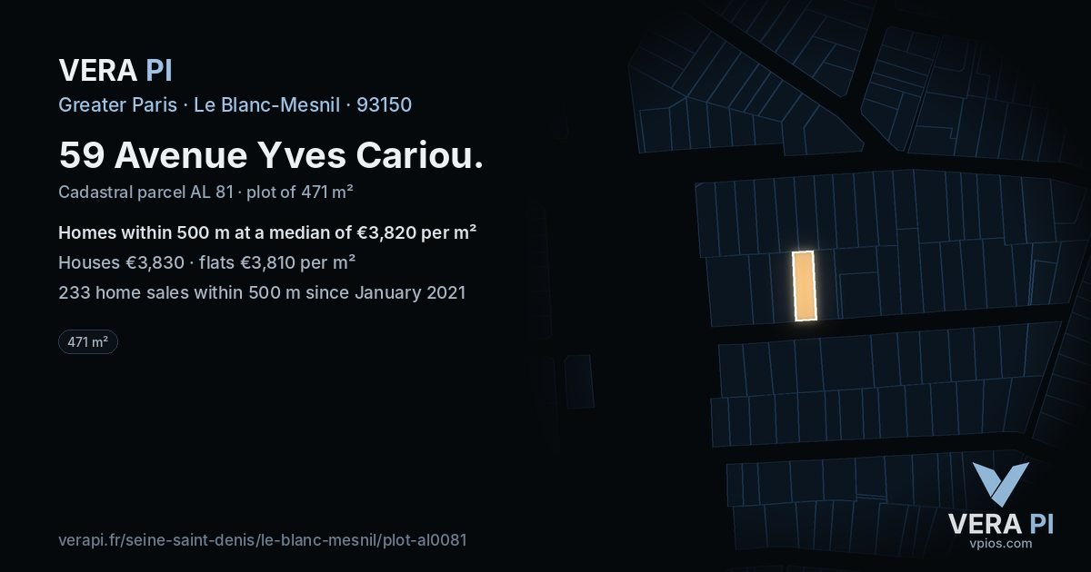 59 Avenue Yves Cariou, Le Blanc-Mesnil at night – the plot lit, the parcels around coloured by the prices near them