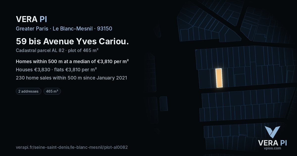 59 bis Avenue Yves Cariou, Le Blanc-Mesnil at night – the plot lit, the parcels around coloured by the prices near them