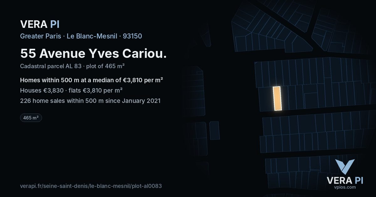 55 Avenue Yves Cariou, Le Blanc-Mesnil at night – the plot lit, the parcels around coloured by the prices near them