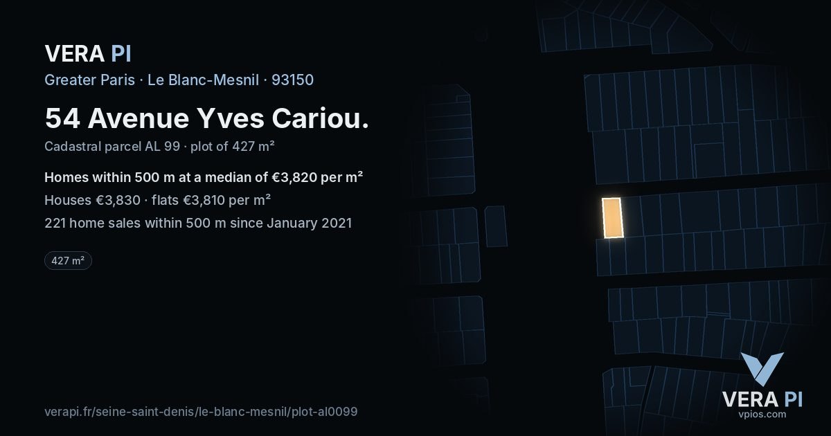 54 Avenue Yves Cariou, Le Blanc-Mesnil at night – the plot lit, the parcels around coloured by the prices near them