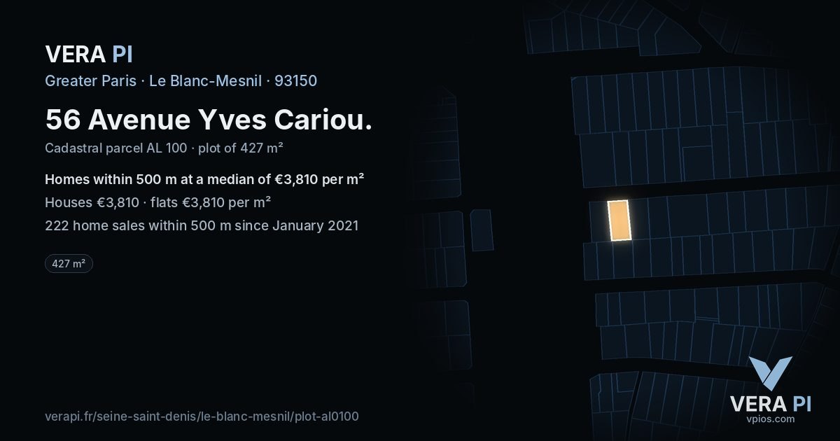 56 Avenue Yves Cariou, Le Blanc-Mesnil at night – the plot lit, the parcels around coloured by the prices near them