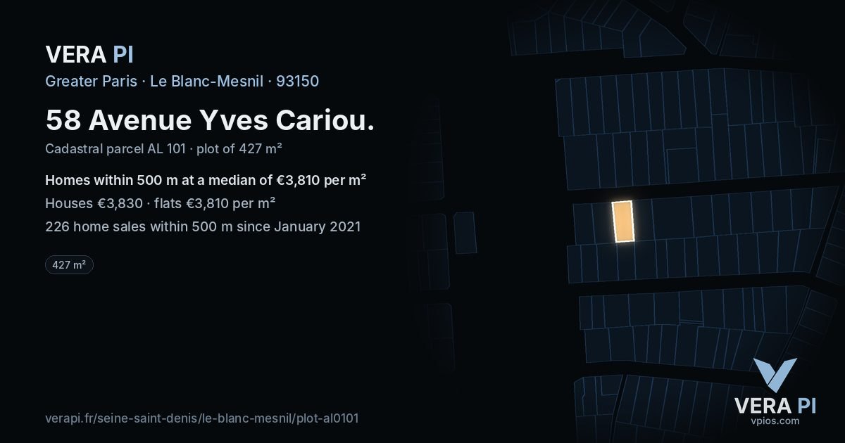 58 Avenue Yves Cariou, Le Blanc-Mesnil at night – the plot lit, the parcels around coloured by the prices near them
