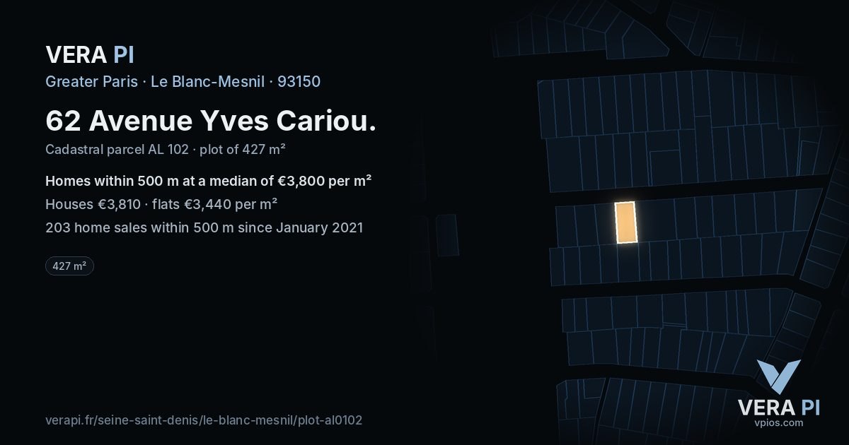 62 Avenue Yves Cariou, Le Blanc-Mesnil at night – the plot lit, the parcels around coloured by the prices near them