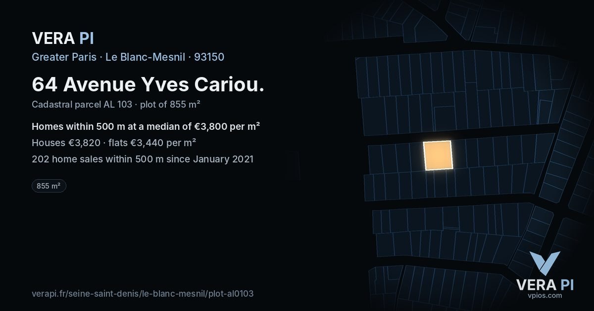 64 Avenue Yves Cariou, Le Blanc-Mesnil at night – the plot lit, the parcels around coloured by the prices near them