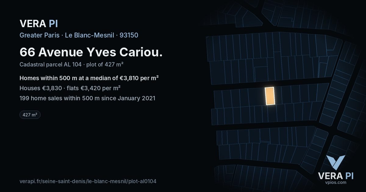 66 Avenue Yves Cariou, Le Blanc-Mesnil at night – the plot lit, the parcels around coloured by the prices near them