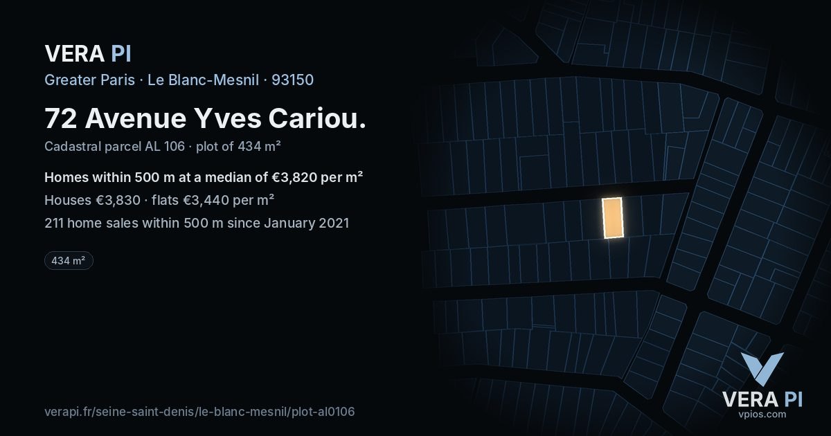 72 Avenue Yves Cariou, Le Blanc-Mesnil at night – the plot lit, the parcels around coloured by the prices near them