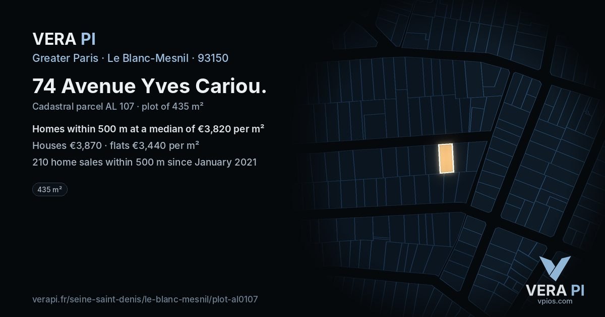 74 Avenue Yves Cariou, Le Blanc-Mesnil at night – the plot lit, the parcels around coloured by the prices near them