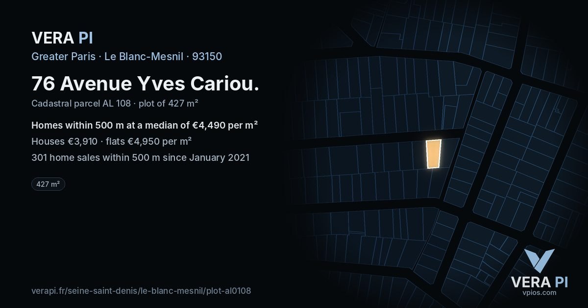 76 Avenue Yves Cariou, Le Blanc-Mesnil at night – the plot lit, the parcels around coloured by the prices near them