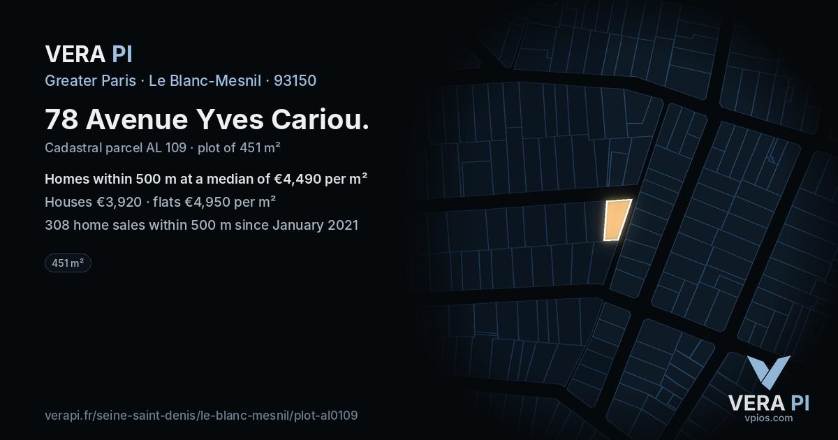 78 Avenue Yves Cariou, Le Blanc-Mesnil at night – the plot lit, the parcels around coloured by the prices near them