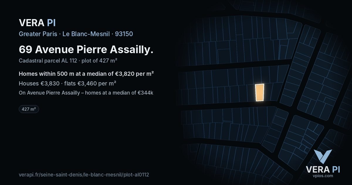 69 Avenue Pierre Assailly, Le Blanc-Mesnil at night – the plot lit, the parcels around coloured by the prices near them