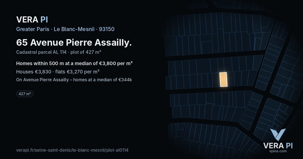 65 Avenue Pierre Assailly, Le Blanc-Mesnil at night – the plot lit, the parcels around coloured by the prices near them