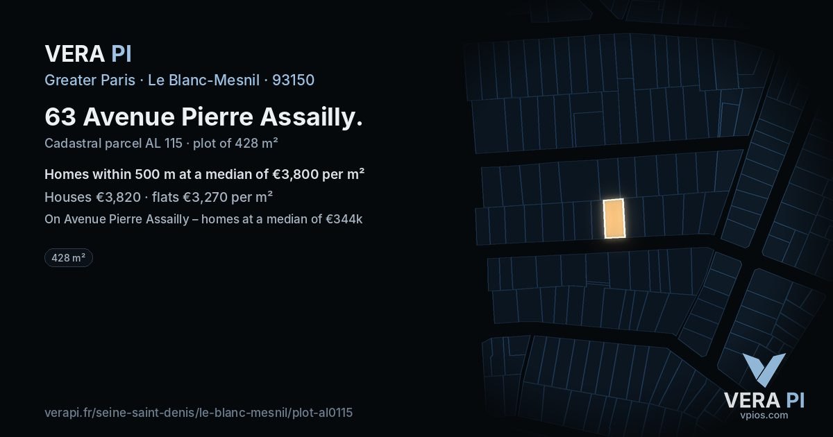 63 Avenue Pierre Assailly, Le Blanc-Mesnil at night – the plot lit, the parcels around coloured by the prices near them