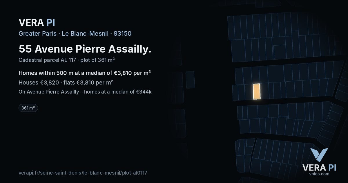 55 Avenue Pierre Assailly, Le Blanc-Mesnil at night – the plot lit, the parcels around coloured by the prices near them
