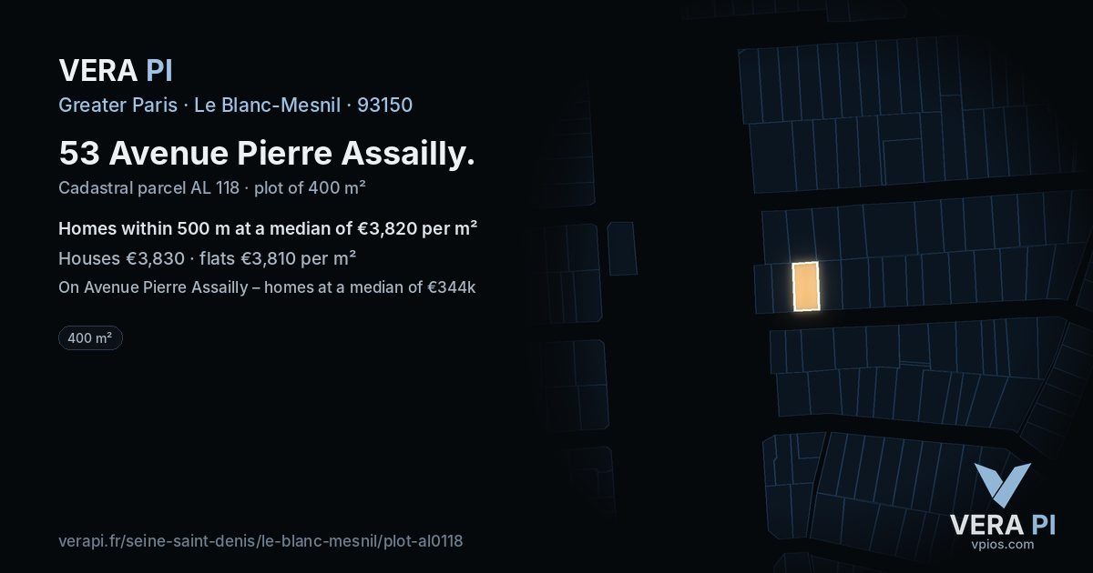 53 Avenue Pierre Assailly, Le Blanc-Mesnil at night – the plot lit, the parcels around coloured by the prices near them