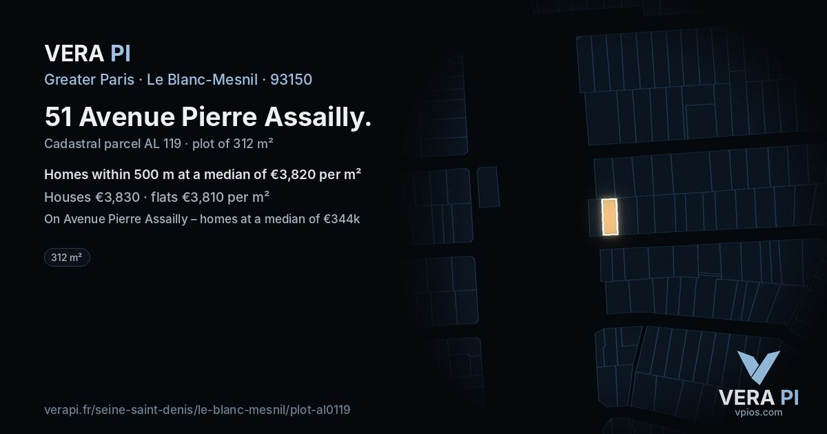 51 Avenue Pierre Assailly, Le Blanc-Mesnil at night – the plot lit, the parcels around coloured by the prices near them