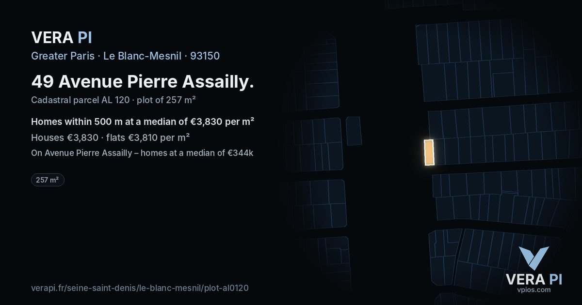 49 Avenue Pierre Assailly, Le Blanc-Mesnil at night – the plot lit, the parcels around coloured by the prices near them