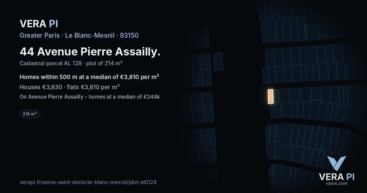 44 Avenue Pierre Assailly, Le Blanc-Mesnil at night – the plot lit, the parcels around coloured by the prices near them