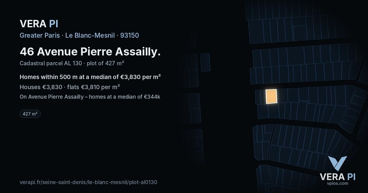 46 Avenue Pierre Assailly, Le Blanc-Mesnil at night – the plot lit, the parcels around coloured by the prices near them
